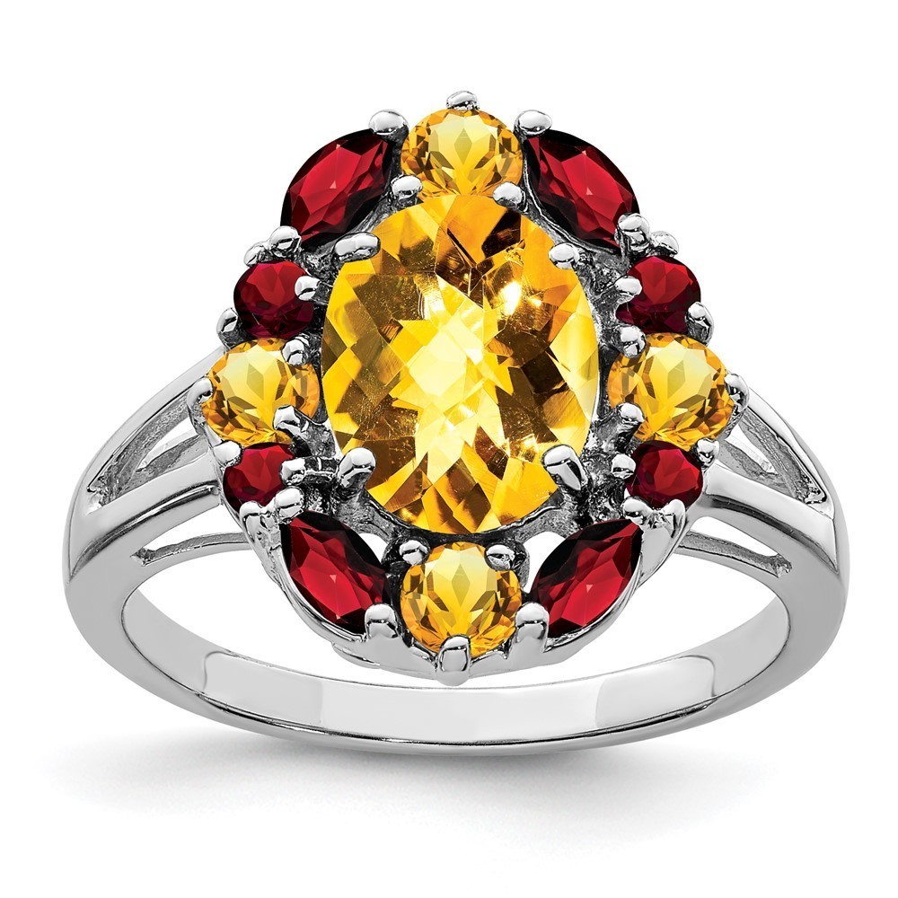 925 Sterling Silver Rhodium Citrine (November Birthstone) & Garnet Ring